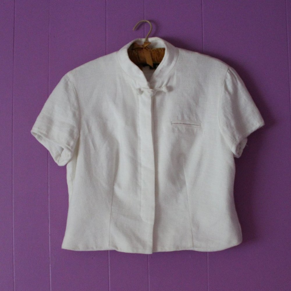 vintage Halston linen-blend mandarin collar cropped jacket blazer